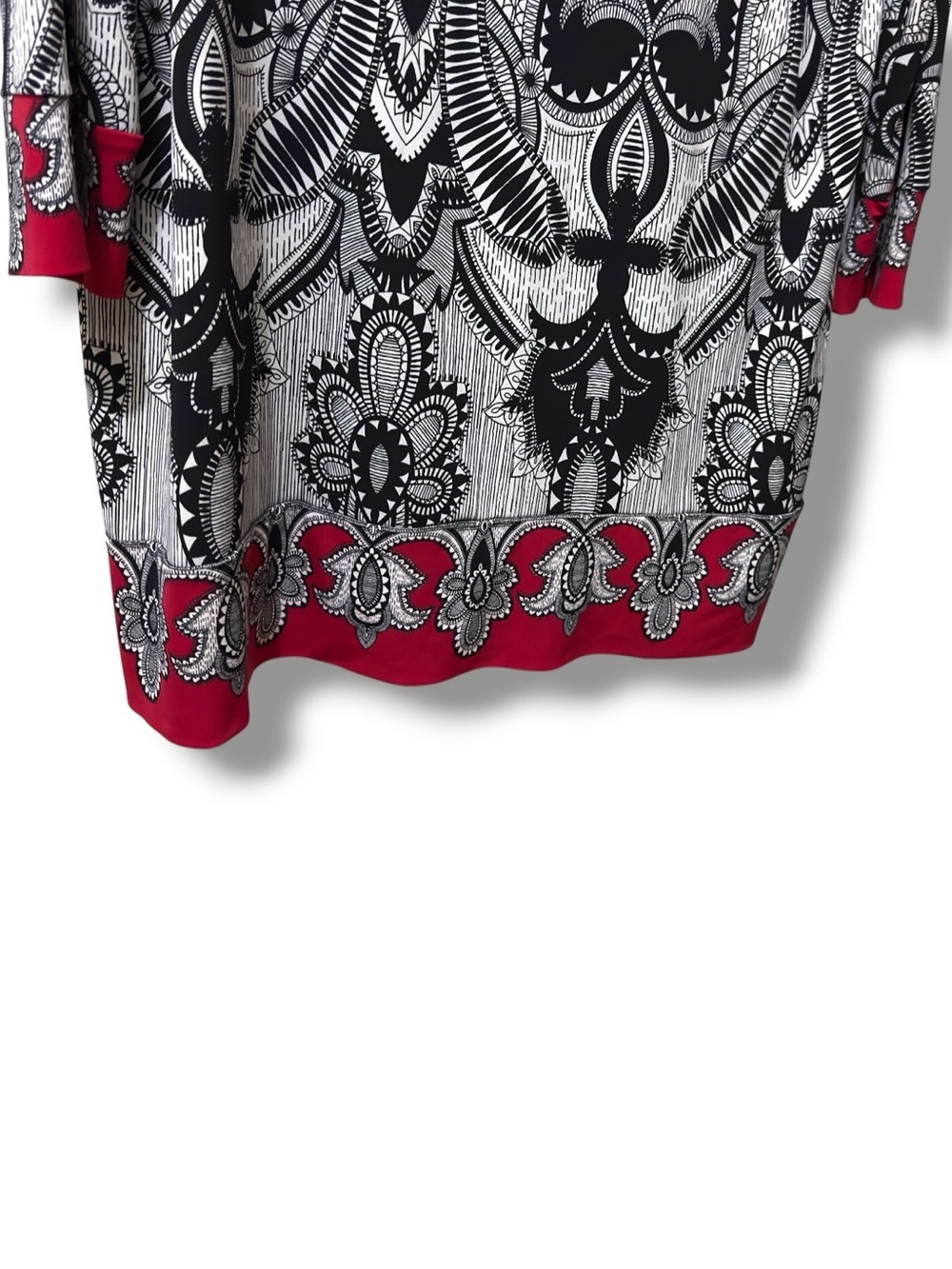 Nicole Miller | EUC Boho Baroque Black White Printed Red Trim Shift Dress (XL) - Picture 4 of 10